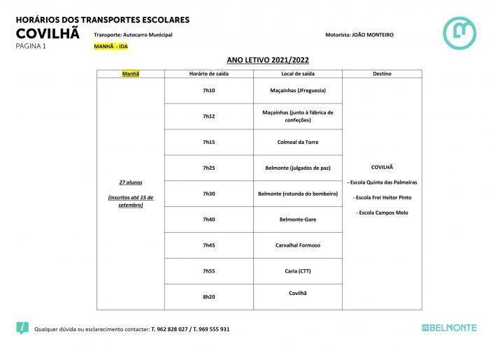 Horários Transportes Escolares Covilha 1 Novo